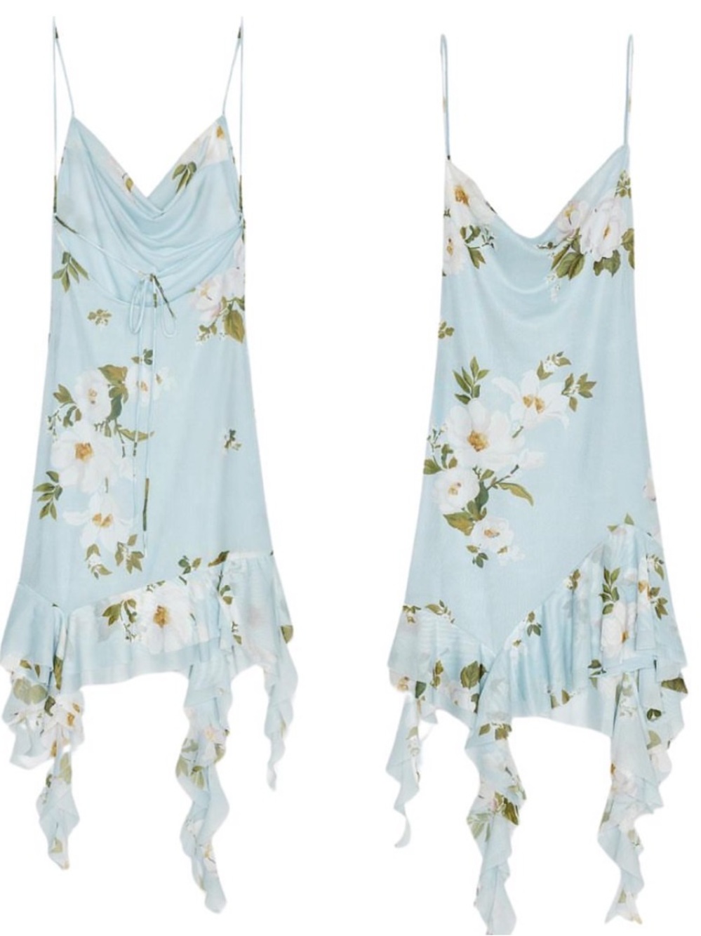 Zara Floral Satin Slip Dress Asymmetric Ruffle Hem Blue Green Medium NWT - Picture 2 of 8